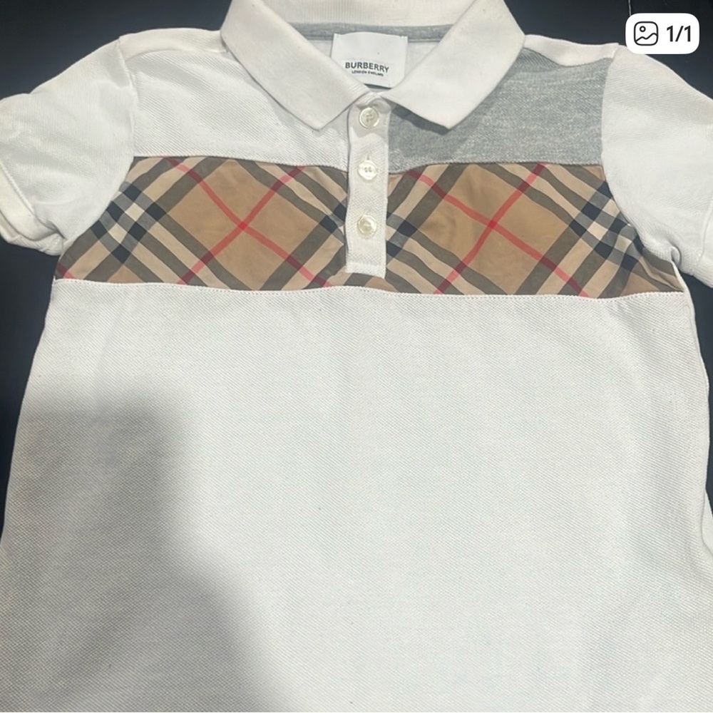 Burberry Kids Polo in White, Gray, and Tan